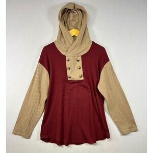 Furnex Burgundy Tan Colorblock Hooded Pullover Top Women's Size XL